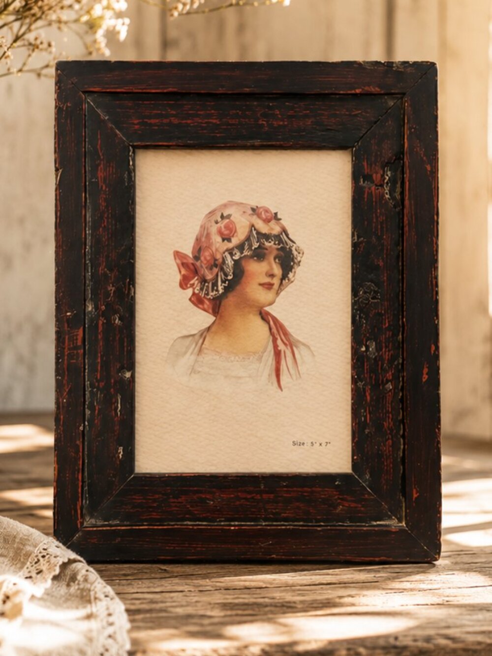 Antique Style Victorian Lady With a Rose Lace Bonet in a Rustic Wooden Frame